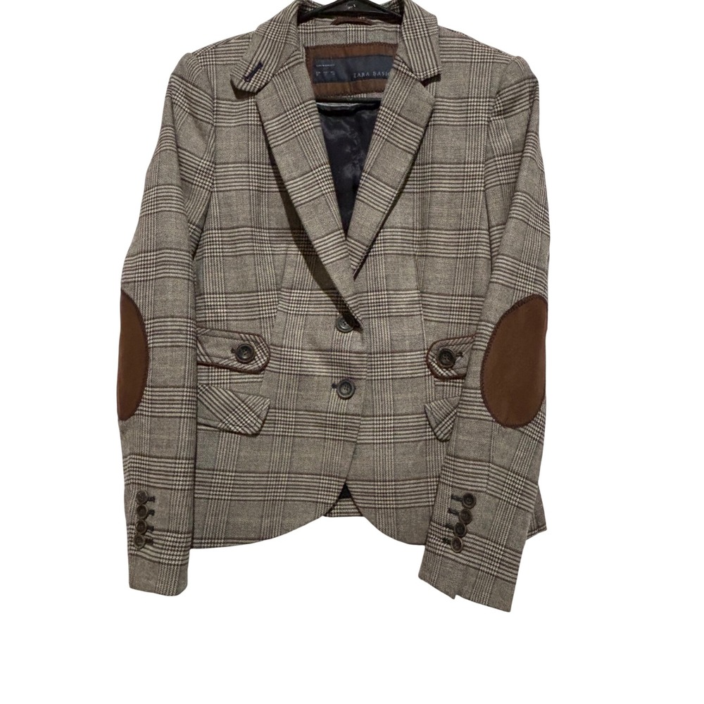 Zara Basic Plaid Blazer Elbow Patches Tan Brown Academic Equestrian Jacket Sz M